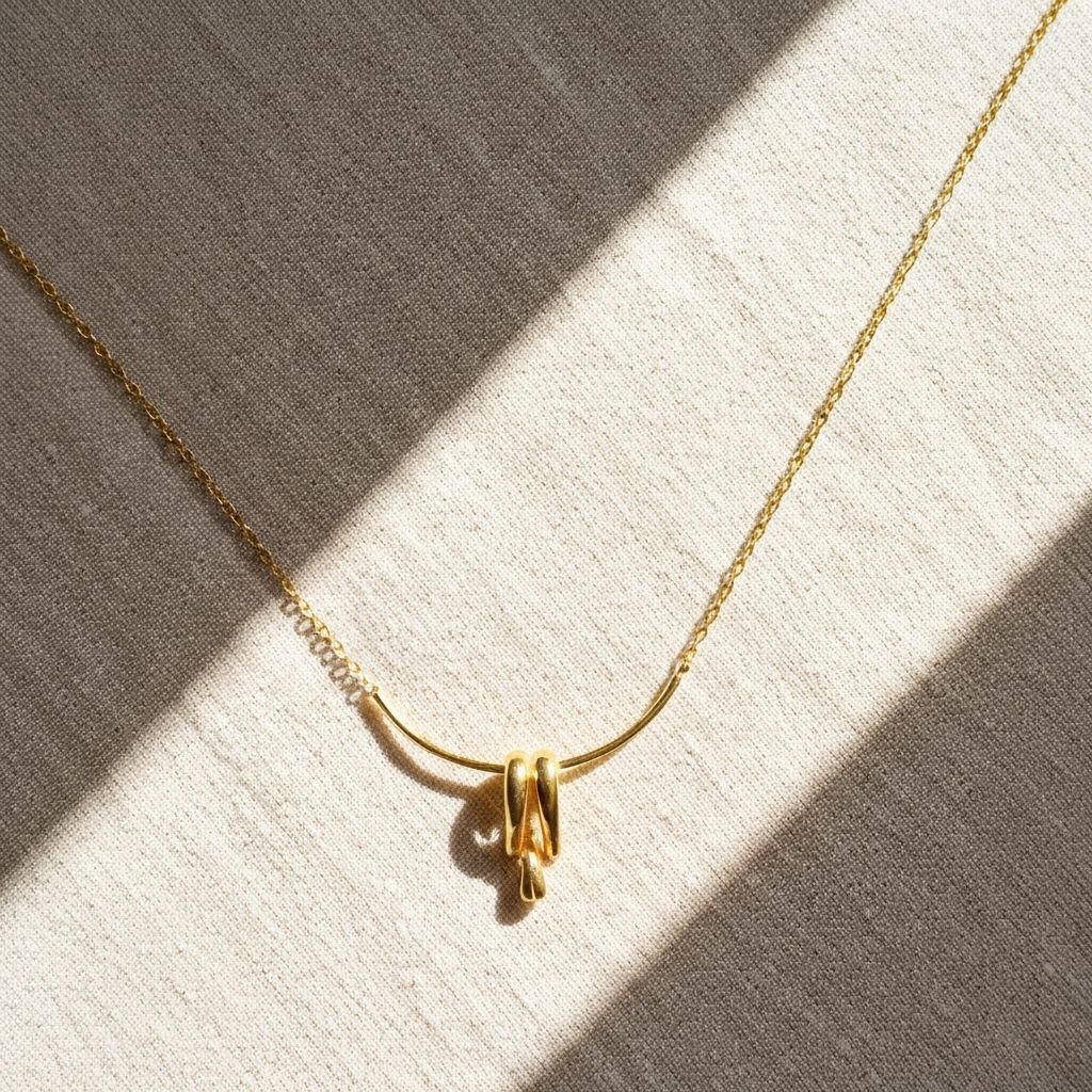 Flat lay of handmade gold jewelry on linen in warm tones